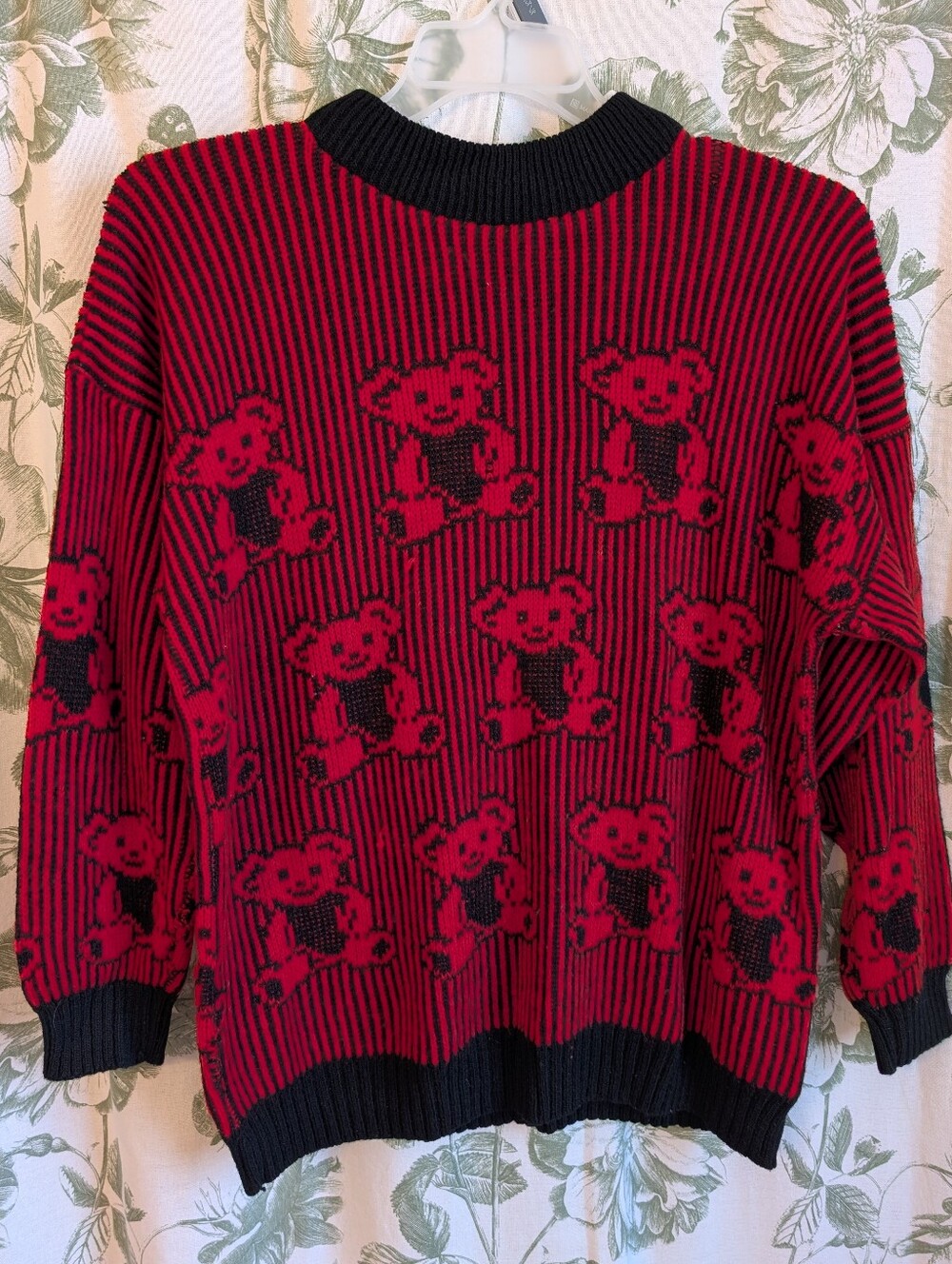 Vintage Adele Knitwear Red and Black Striped Teddy Bear Sweater